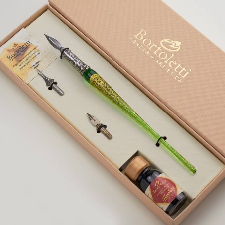 Bortoletti set scrittura penna foglia oro in vetro di murano Verde