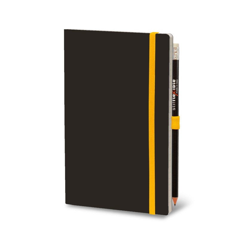 Stifflex 9x14 black notebook with yellow elastic white pages